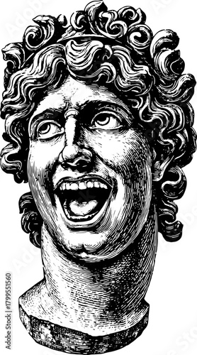 Classical statue head expressing a shout. Detailed grayscale illustration, showcasing historical artistry in vector style.