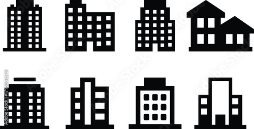Set of City Buildings and Houses Icons. Skyscraper, Office, Residential, and Government Architecture. Black Glyph Symbol collection illustrating various types of corporate towers and city blocks.