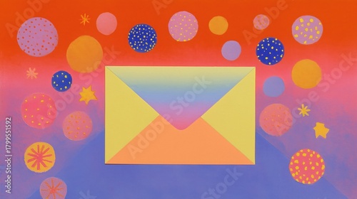 Abstract Colorful Envelope with Dots and Stars on Gradient Background, Ideal for Wallpaper, Poster, Graphic Design and Artistic Compositions with Vibrant Aesthetic