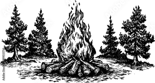 Vintage outline illustration of a campfire surrounded by trees. Black and white style, simple and descriptive, perfect for outdoor themes in vector format.
