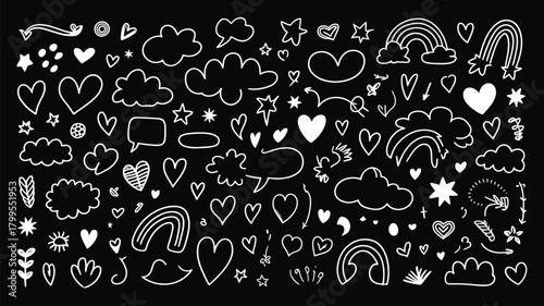 Doodle Collection Hearts, Clouds, Stars & Rainbows on Black