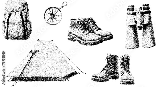 Camping gear set featuring a backpack, boots, tent, compass, and binoculars. Flat vector illustration depicting essential equipment for outdoor activities.