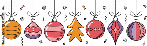 A charming collection of colorful outline Christmas ornaments strung with ribbons, surrounded by festive confetti and snowflakes, perfect for holiday season designs and greetings