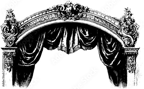 Ornate curtain and stage arch with vintage decoration in black and white. Vector illustration in engraving style with classic and theater elements.