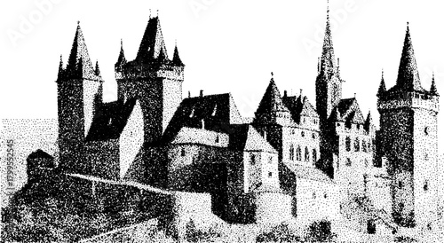 Medieval castle architecture. Detailed black-and-white vector illustration of a building structure with towers, walls, and historical design elements.