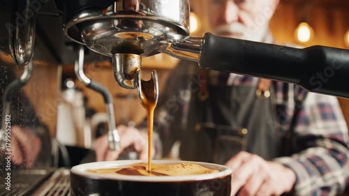 Close-up of barista preparing rich, dark espresso pouring into a coffee cup, capturing the art of coffee making