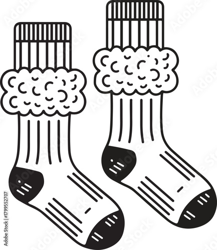 Cozy Winter Fluffy Socks Outline Cute Black and White Clipart for Crafts and Design
