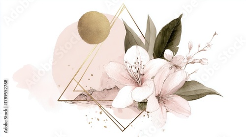 Elegant Watercolor Floral Composition with Pink Flowers, Gold Geometric Shapes and Minimalist Design, Ideal for Wallpaper, Poster and Luxury Branding with Sophisticated Aesthetic