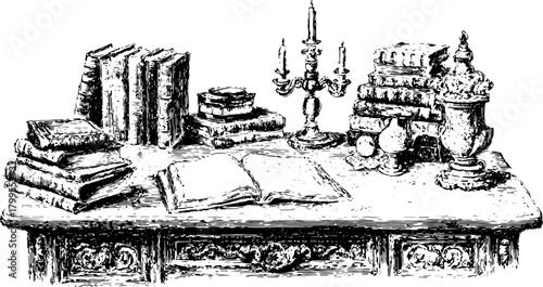 Engraving of an antique set of books and a candle. A vintage vector illustration showcasing classic style and elements.