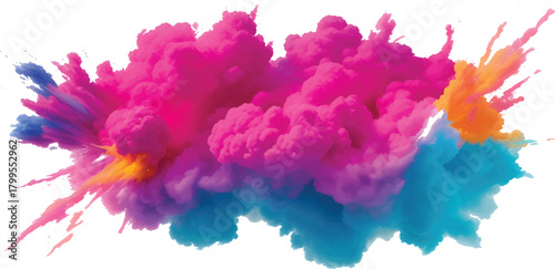 Abstract watercolor art explosion on vintage paper with colorful texture and light blue clouds