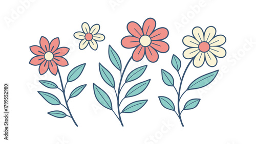 Three Hand Drawn Flowers with Leaves on White Background Keywords: floral, flowers, leaves, botanical, nature, spring, summer, garden