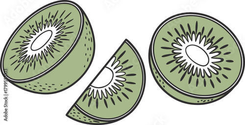 Three kiwi fruit slices and halves with detailed texture on white background sliced