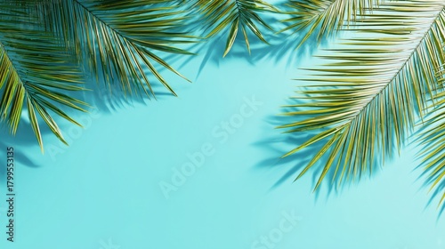 Tropical Palm Leaves on Turquoise Background with Shadows, Ideal for Wallpaper, Poster and Summer-themed Compositions