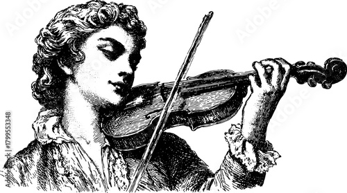 Violin musician playing the instrument in vintage black and white vector illustration. Artistic illustration showcasing classical talent with elegance.