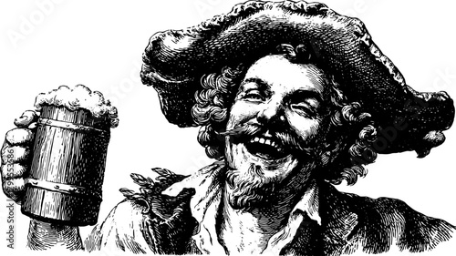 Antique engraving of a happy man drinking beer. This set features a smiling figure with a mug, showcasing vintage style in the vector illustration.