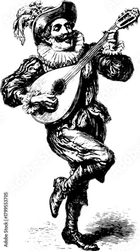 Engraving of a musician playing a mandolin in vintage style. This detailed vector illustration features an elegant costume and historical setting.