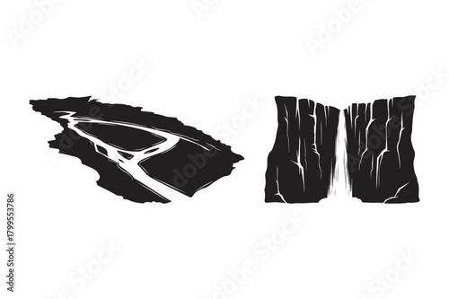 Black and white abstract representation of a river and waterfall