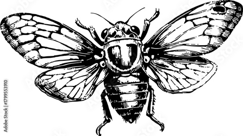 Cicada silhouette in retro style. Detailed hand-drawn vector illustration showcasing this insect in a vintage print set.