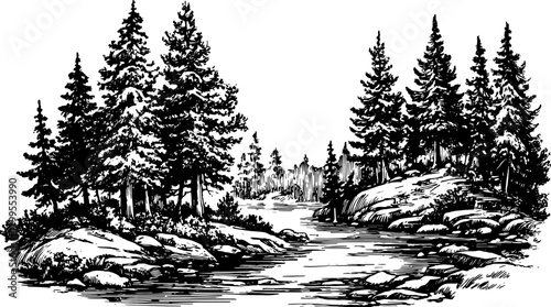 Trees by a river in a vintage vector illustration. Black line drawing set depicting a serene landscape scene with natural elements.