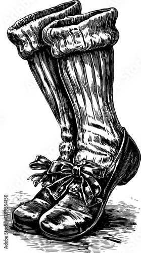 Vintage shoes and socks illustration in a hand-drawn engraving style. The black outline and retro design create a classic footwear set.