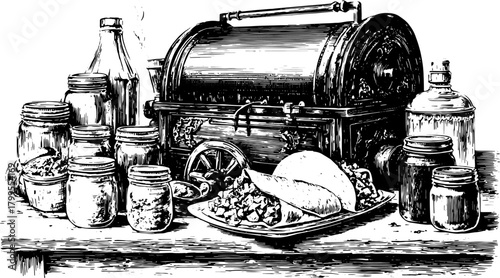 Vintage food illustration featuring a taco and jars on a table. Detailed engraving style showcases an antique set of cooking items in vector format.