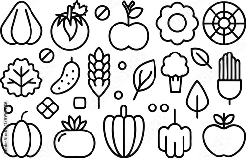 Healthy food icons: fruits, vegetables, and grains collection