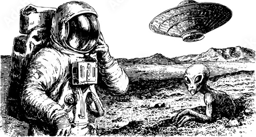 Astronaut and alien encounter set in an antique style. This vector illustration features retro silhouettes on a mysterious terrain in space.