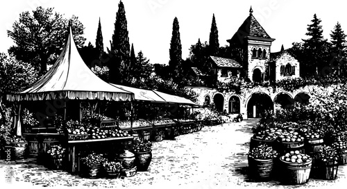 Market scene featuring fruit baskets under a tent. Black and white vector illustration depicting an outdoor rural set with buildings and trees.