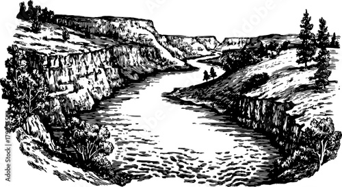 Antique engraving of a river landscape. Detailed black drawing shows cliffs and trees in this vector illustration.