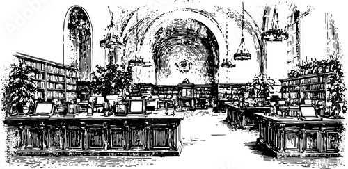 Library illustration in vintage style. Antique vector artwork featuring shelves, desks, and decorative lamps in a classic set.