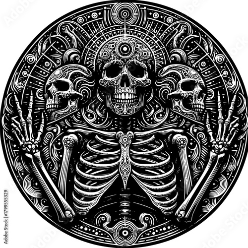 Intricate Skull Art: A mesmerizing monochrome depiction of a skeleton. Artfully crafted with an array of symbols and patterns
