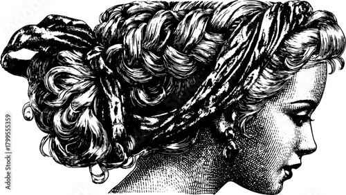 Antique engraving of a woman's profile. A detailed vintage illustration showcasing elegant hair and a headband, presented in a classic vector style.
