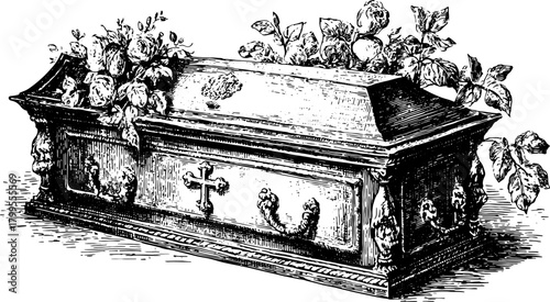 Vintage casket with floral arrangement. Black and white engraving illustration featuring ornate details in a decorative vector set.