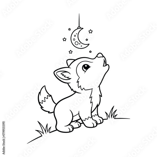 Cute wolf pup gazing at a crescent moon with twinkling stars