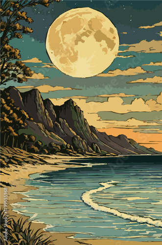 Full moon rising above quiet seashore