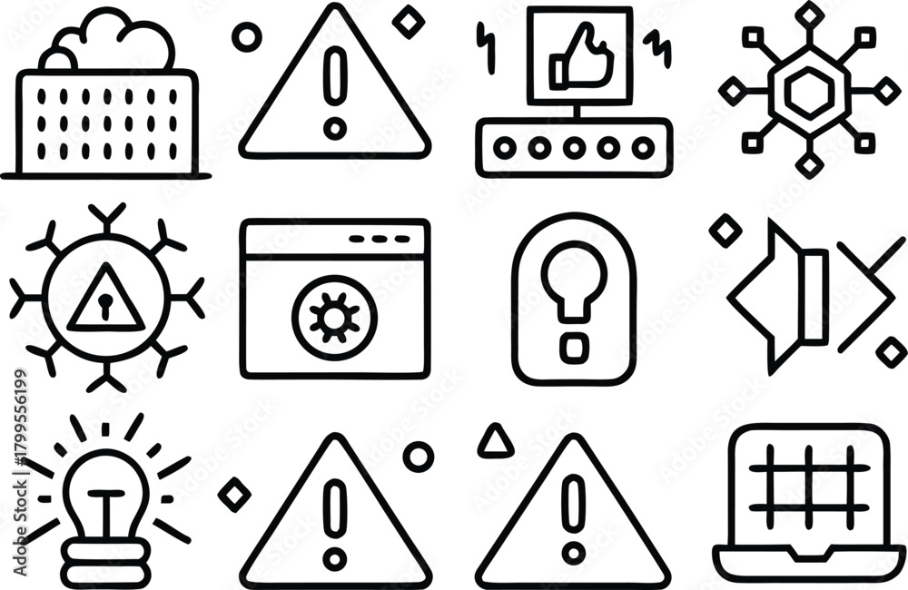 Fototapeta premium Collection of technology and warning icons on a white background.
