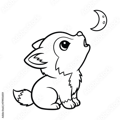 Cute wolf pup howling at crescent moon coloring page