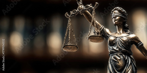 Figurine representing blind justice with scales and sword in a court environment