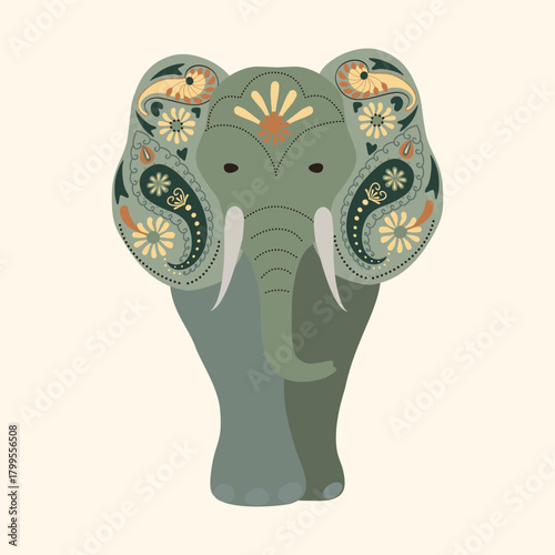 Indian elephant in traditional oriental style. Ornate colorful elephant paisley patterned, design for print, cards, textile, t-shirt. Hand drawn vector illustration.