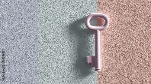 Pastel Pink Vintage Key on Textured Gradient Wall, Ideal for Wallpaper, Poster and Conceptual Design with Minimalist Aesthetic