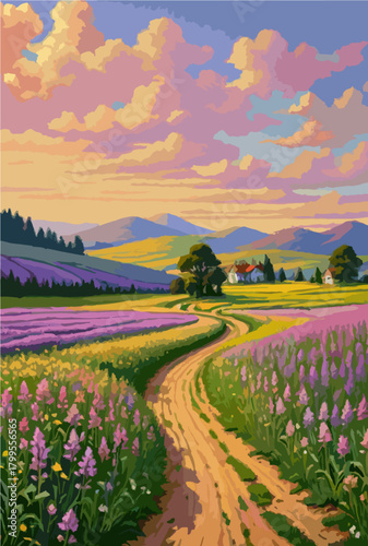 Rolling countryside fields under pastel sky