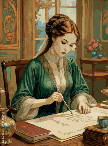 Vintage woman writing letter at desk