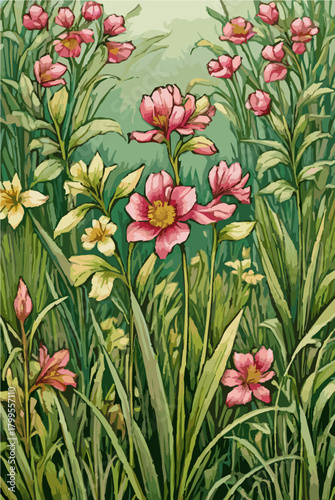 Wildflower meadow blooming in soft sunlight