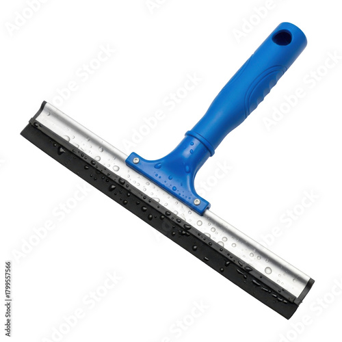 A close-up shot of a blue-handled window squeegee with a black rubber blade.
