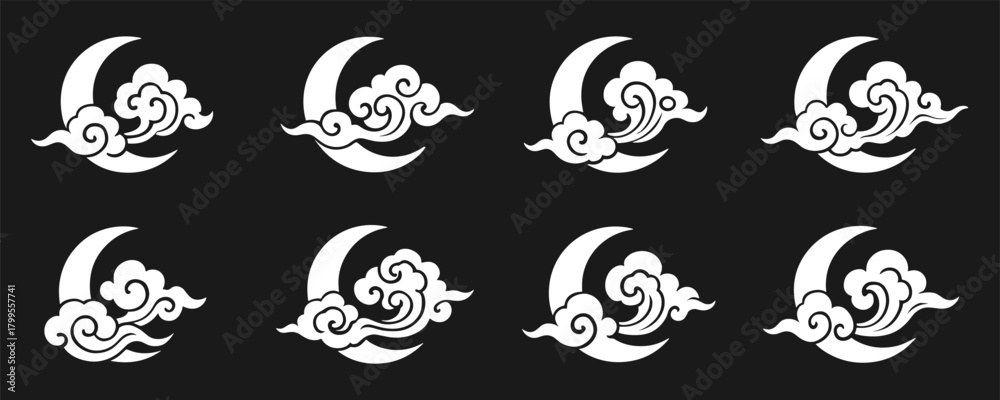 Fototapeta premium Crescent moon and swirling clouds in oriental style. White shapes on dark background symbolize calm and harmony. Suitable for night sky or Asian art themes
