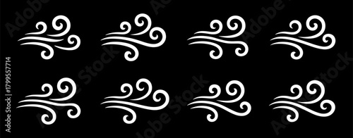 White wind swirl symbols on black background showing flowing motion. Elegant vector illustration representing air, breeze and movement