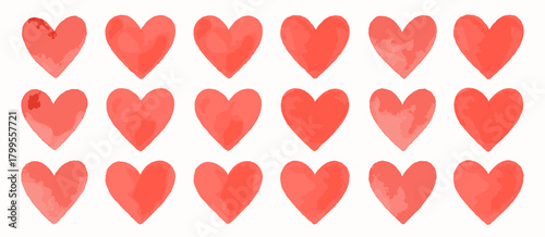Set of hand painted red hearts with soft watercolor texture and gentle color transitions. Romantic symbolizing love and affection