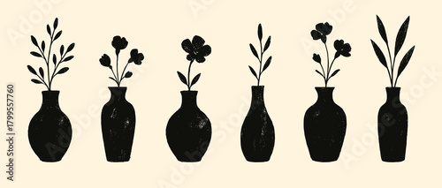 Stylized vases with delicate plants and flowers. Artistic silhouettes on soft beige background evoke natural elegance. Great for home, botanical, or craft projects