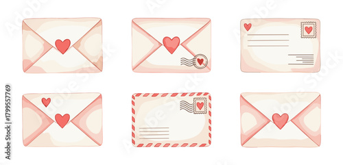 Love letters and envelopes with heart seals. Soft pastel tones convey warmth and intimacy. Perfect for Valentine’s Day, romance, or correspondence themes