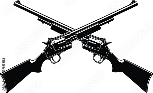 Vintage crossed revolvers silhouette vector, classic western firearm symbol, old west pistol illustration, cowboy culture emblem for historical design